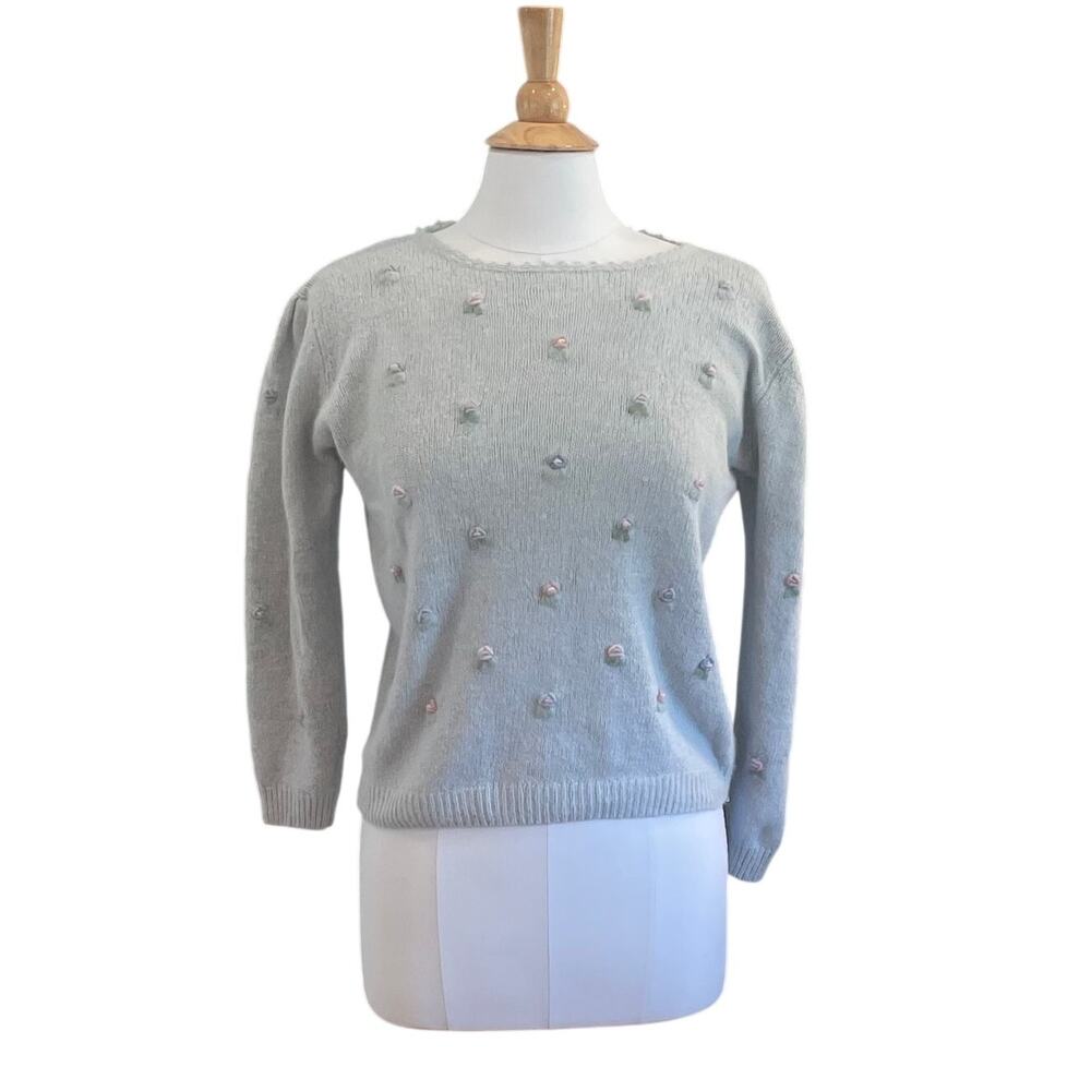 Vintage Exclusive Imports Silk Angora Blend Baby Blue Embroidered Sweater, S